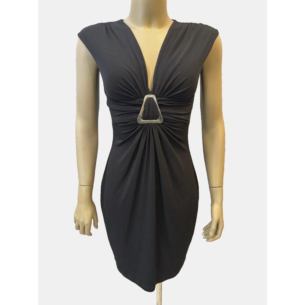 Caché Little Black Dress Size 6 Sleeveless Bodycon Lined Silver Buckle Accent